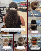 A six-panel collage showing a curly hair half-up hair accessory worn by multiple people at an outdoor market. The product appears in different hair lengths and curls, with text labels including 'Regular Size' and 'Grande Size' to explain sizing.