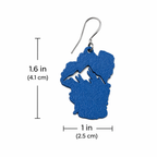 Blue Lake Tahoe sculpted earrings size chart showing 1.6 inches tall and 1 inch wide with silver French hook
