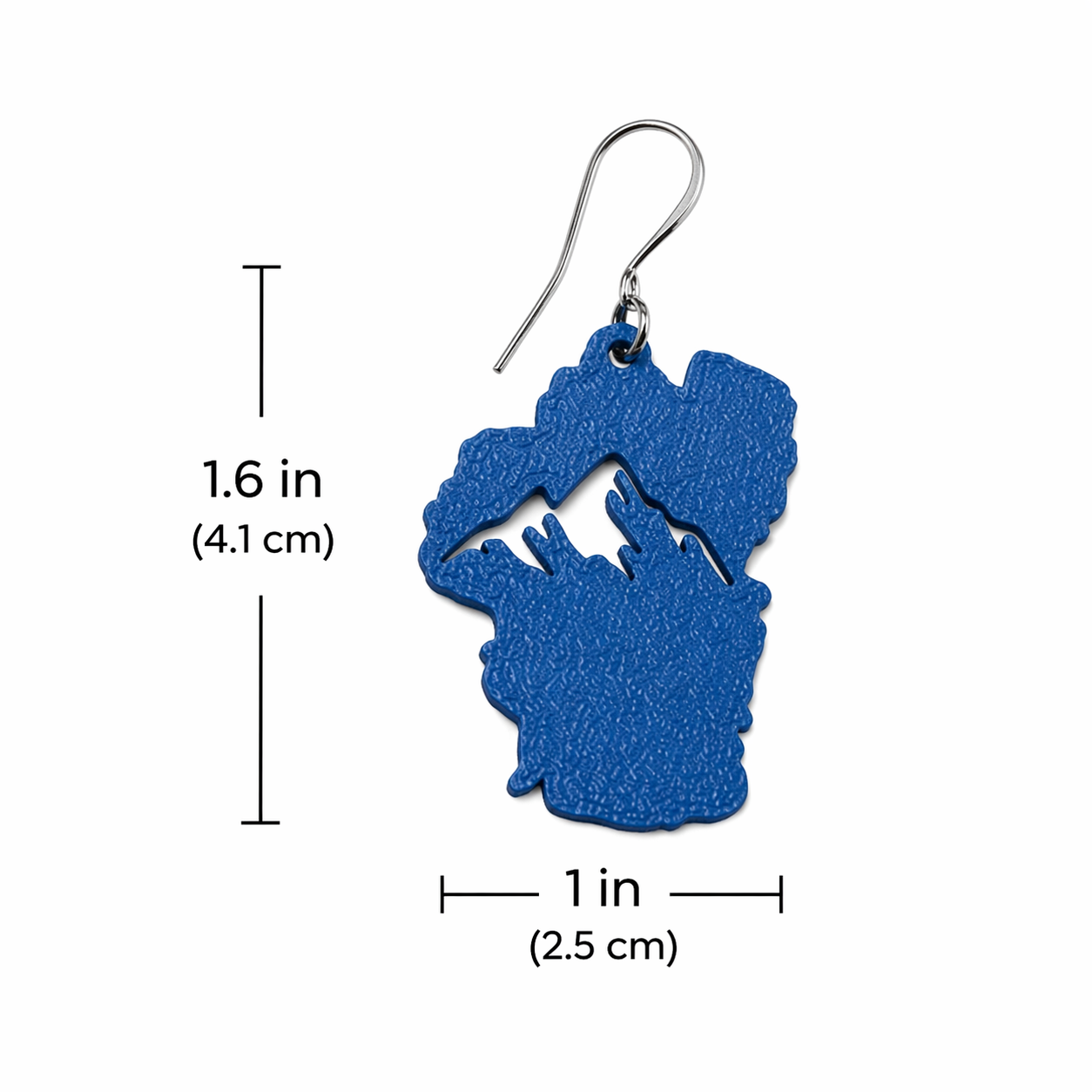Blue Lake Tahoe sculpted earrings size chart showing 1.6 inches tall and 1 inch wide with silver French hook