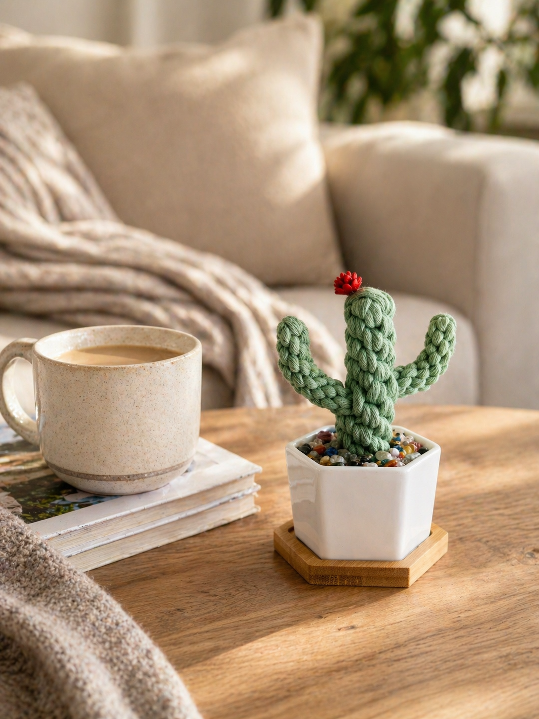 Handmade macrame cactus in white ceramic pot with crystal chips on bamboo tray on coffee table beside latte mug, cozy boho living room decor