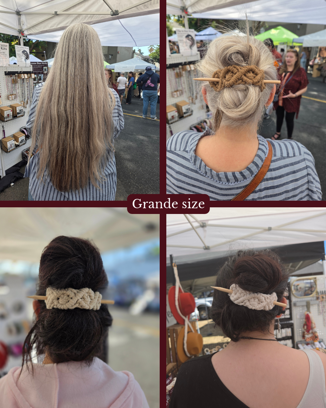 A four-panel collage showing different women from behind wearing woven hair accessories, including a long blonde hair piece, a macrame bun hair accessory, a cream woven hair tie, and a textured dark brown hair accessory. A central label reads 'Grande size'.