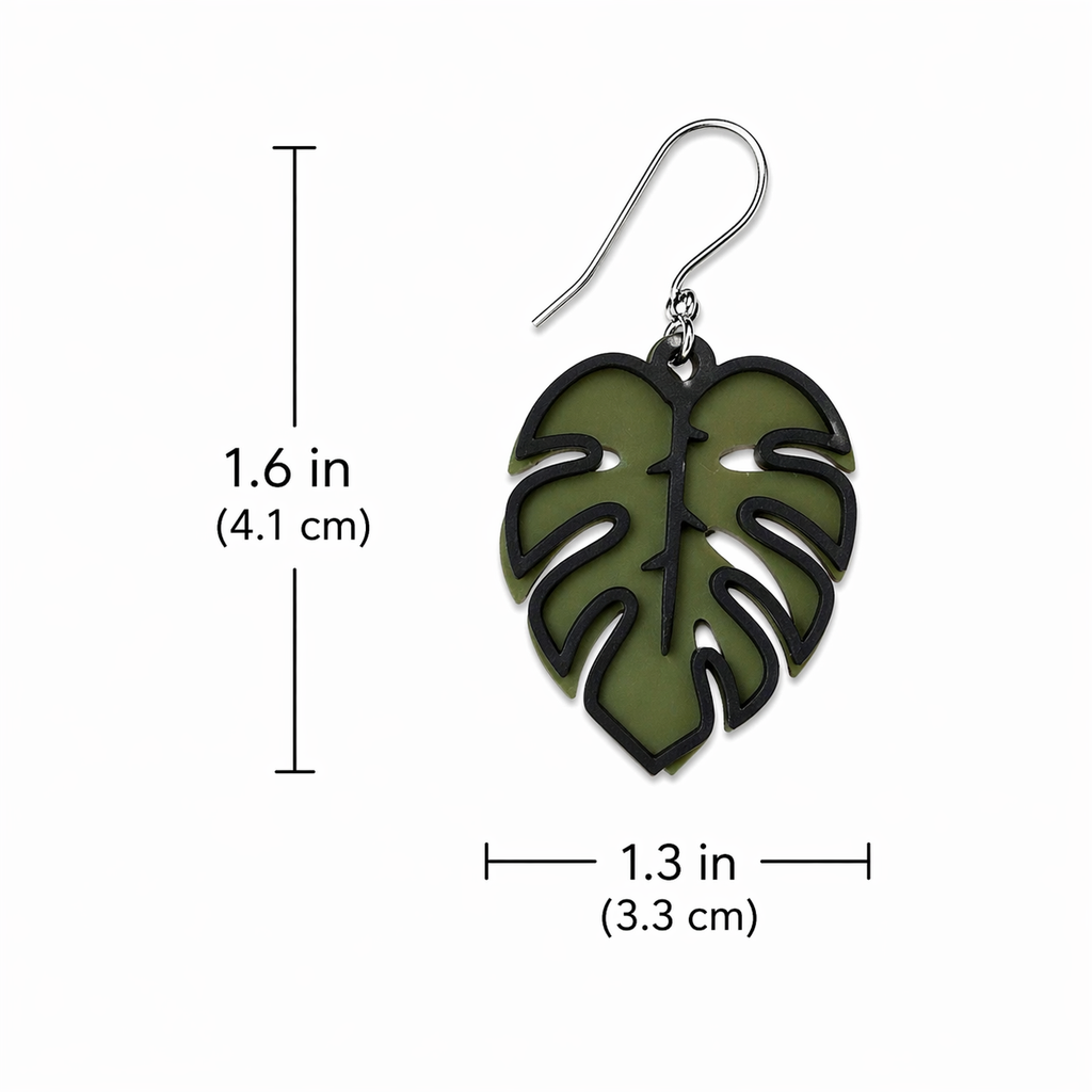 Green and black sculpted monstera leaf earring size chart showing 1.6 inches tall and 1.3 inches wide, silver French hook