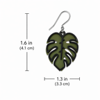 Green and black sculpted monstera leaf earring size chart showing 1.6 inches tall and 1.3 inches wide, silver French hook