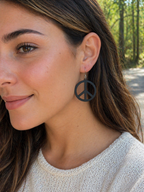 Woman wearing peace sign earrings with a natural background