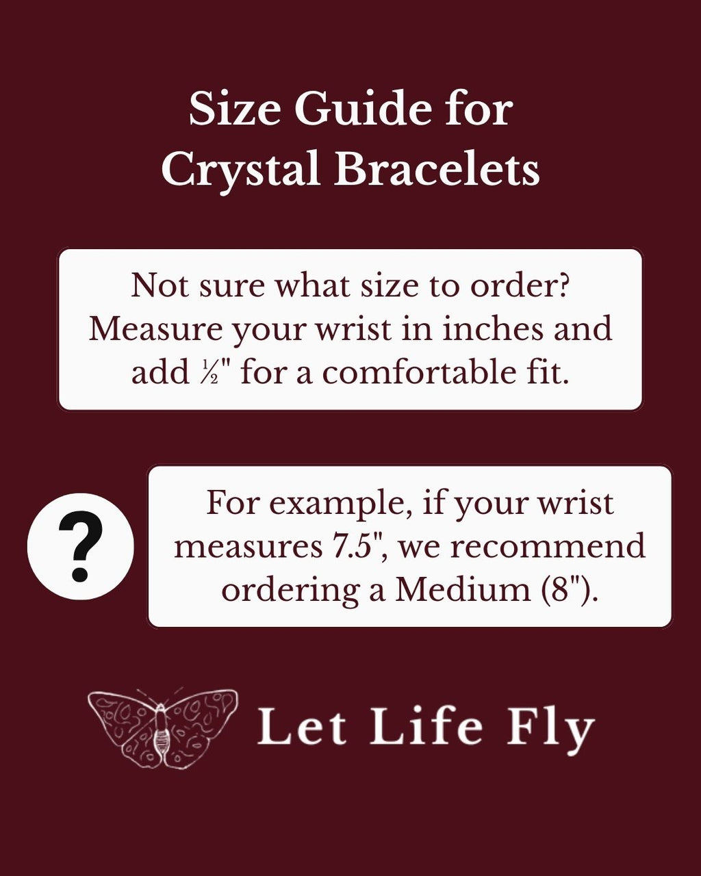 Size guide for crystal bracelets with measurement instructions on a maroon background.