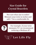 Size guide for crystal bracelets with measurement instructions on a maroon background.