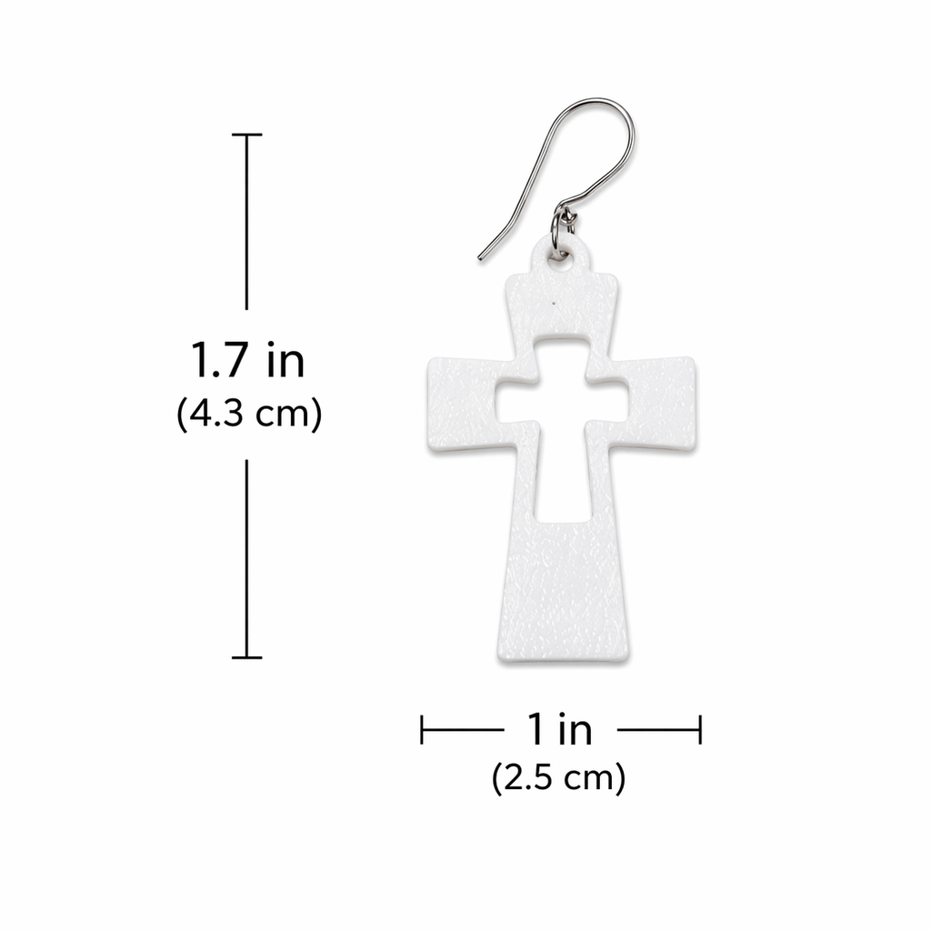 White cross earring diagram with measurements sculpted earrings size chart showing 1.7 inches tall and 1 inch wide with silver French hook