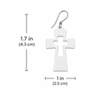 White cross earring diagram with measurements sculpted earrings size chart showing 1.7 inches tall and 1 inch wide with silver French hook