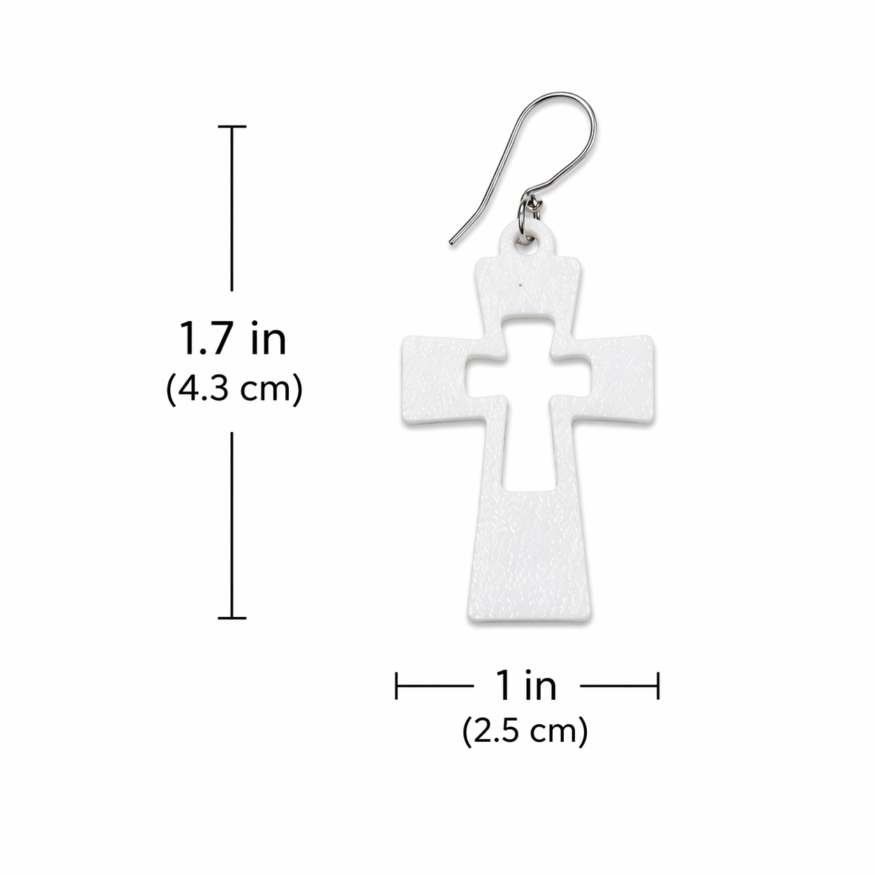 White cross earring diagram with measurements sculpted earrings size chart showing 1.7 inches tall and 1 inch wide with silver French hook