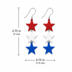 Red white and blue sculpted star trio earring size chart showing 2.75 inches tall and 0.75 inches wide, silver French hook, patriotic cascading star jewelry